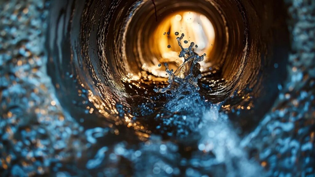 Water splashing inside a commercial plumbing pipe, illustrating the flow and cleaning process relevant to plumbing maintenance and emergency services.