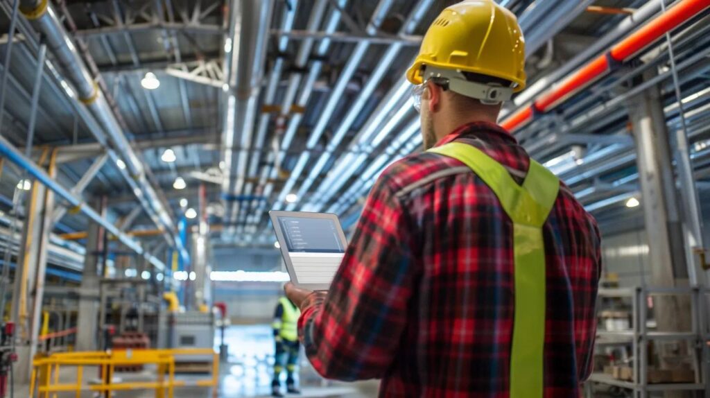 Worker in hard hat and safety vest using tablet in industrial facility, surrounded by extensive piping system, emphasizing modern plumbing diagnostics and repair techniques for commercial properties.