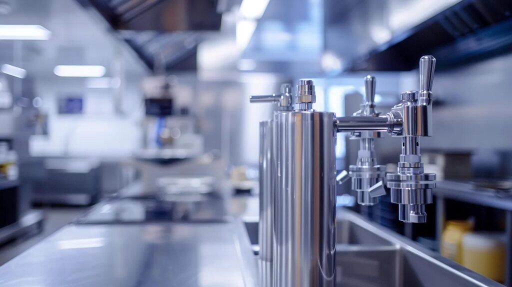 Stainless steel reverse osmosis water filtration system in a commercial kitchen, emphasizing water purity for business operations.