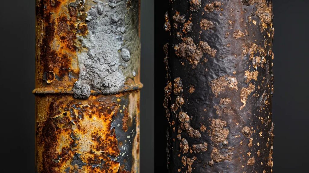 Close-up of two rusted pipes, one with severe corrosion and scale buildup, highlighting the impact of hard water on plumbing systems, relevant to commercial plumbing services in Oklahoma City.