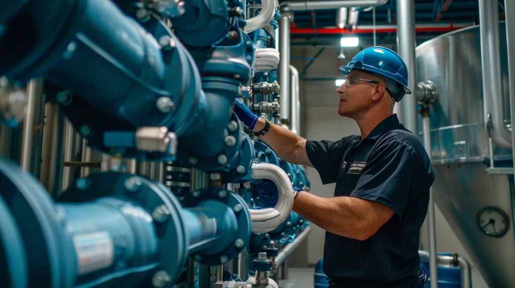 A high-resolution, wide-angle shot of a professional commercial plumber in a branded Commercial Water Works uniform, inspecting a complex array of blue and silver industrial water pipes in a clean, modern Oklahoma City utility room. Natural lighting, sharp focus, 8k resolution.