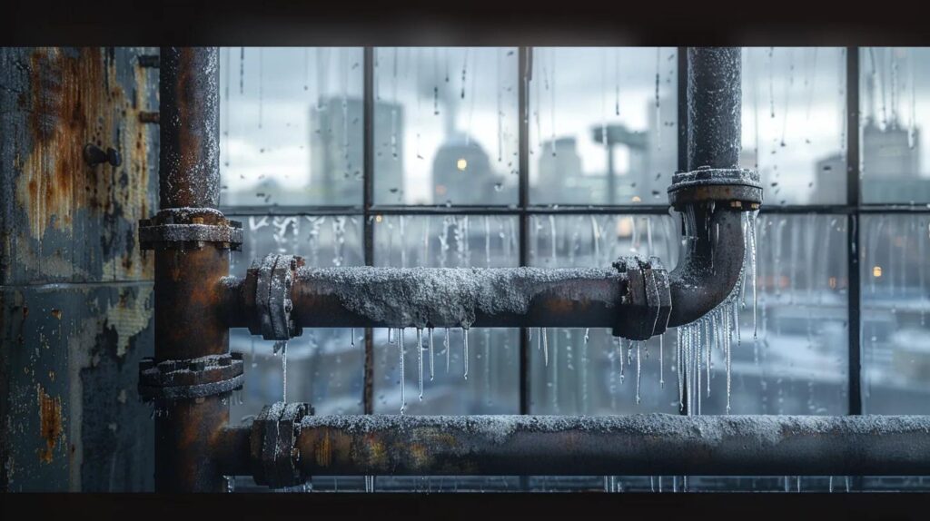 Frozen industrial pipes with icicles, showcasing the impact of harsh winter conditions on commercial plumbing in Oklahoma City.