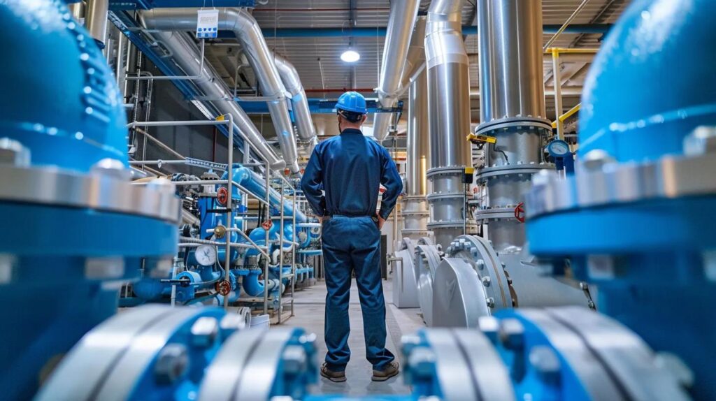 A wide-angle, realistic photo of a professional commercial plumber in a clean uniform standing in a large, modern industrial mechanical room in Oklahoma City. He is looking at a complex array of blue and silver commercial water pipes and gauges. The lighting is bright and professional, showing a clean, high-tech business environment.