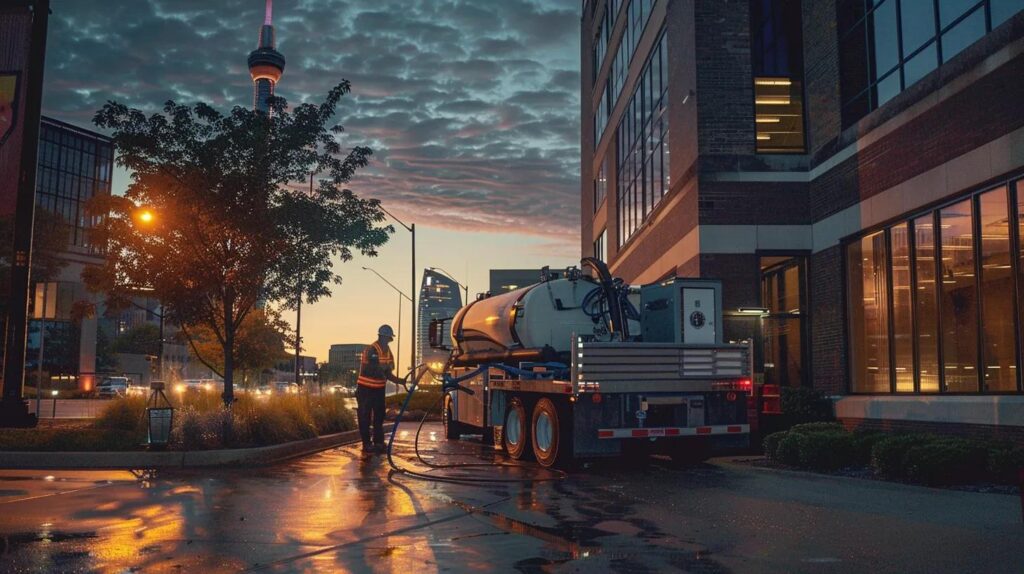 Commercial plumber operating a high-capacity vacuum truck for emergency plumbing services at dusk, near a modern building, highlighting the importance of professional plumbing solutions for businesses.