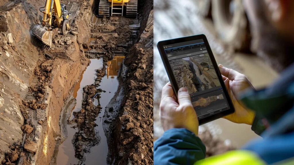 Excavation site with muddy trench and construction machinery, worker using tablet to monitor plumbing restoration process and assess pipe conditions.