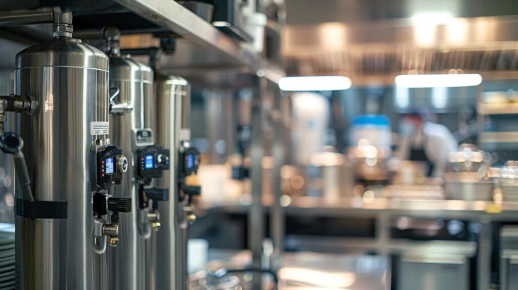 Stainless steel reverse osmosis water filtration system in a commercial kitchen, emphasizing clean water for food quality and equipment protection.