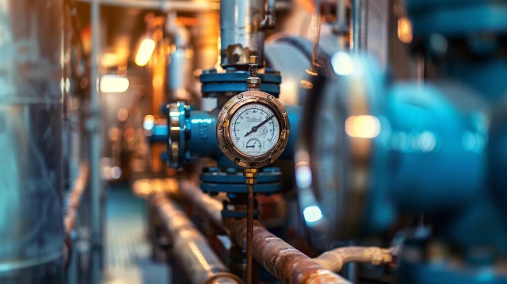 Industrial plumbing system with pressure gauge and pipes, illustrating high-usage demands and regulatory compliance for commercial plumbing in Oklahoma City.
