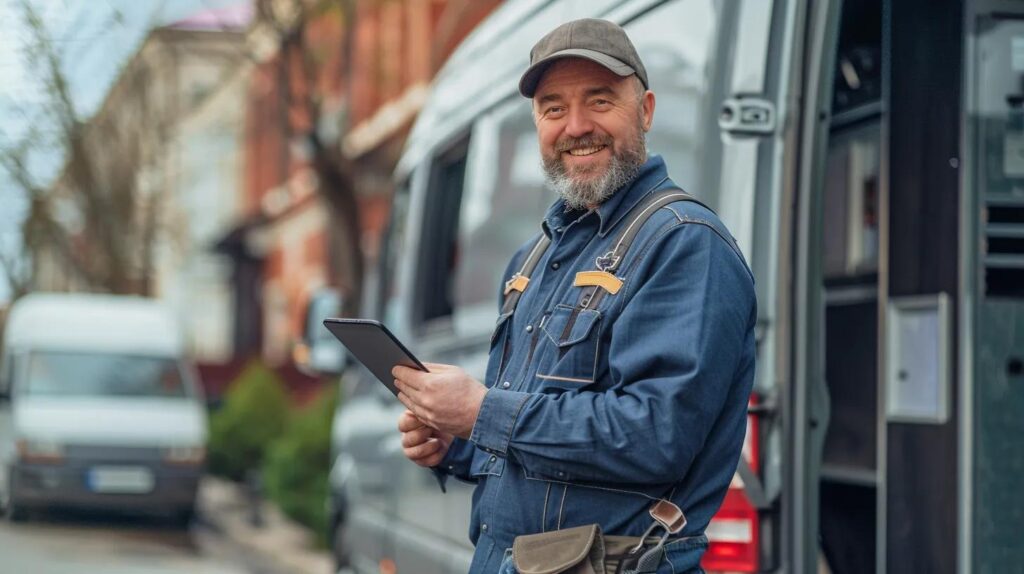 Smiling male plumber in work attire holding a tablet, standing beside a service van in an urban setting, representing commercial plumbing services and maintenance.