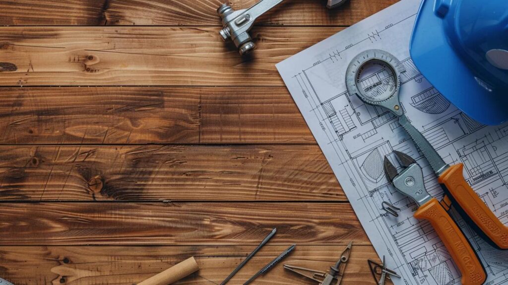 Tools and blueprints on a wooden surface, including a blue hard hat, pliers, calipers, and various hand tools, illustrating commercial plumbing and construction planning.