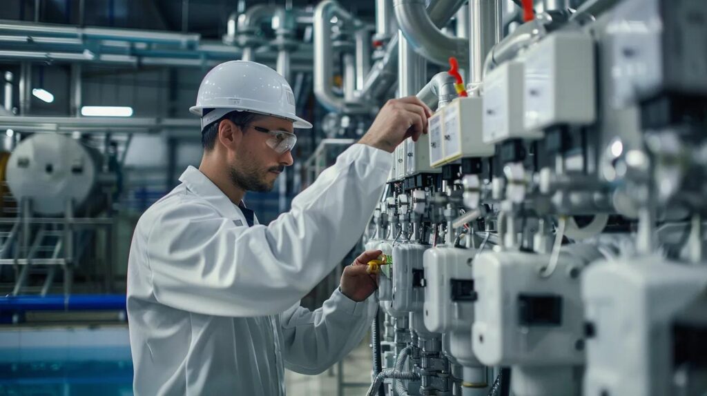 Man in safety gear adjusting controls on commercial water treatment system, highlighting the importance of water quality solutions for Oklahoma City businesses.
