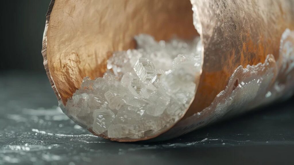 Copper cup spilling crystalline minerals, highlighting issues related to hard water in commercial plumbing.
