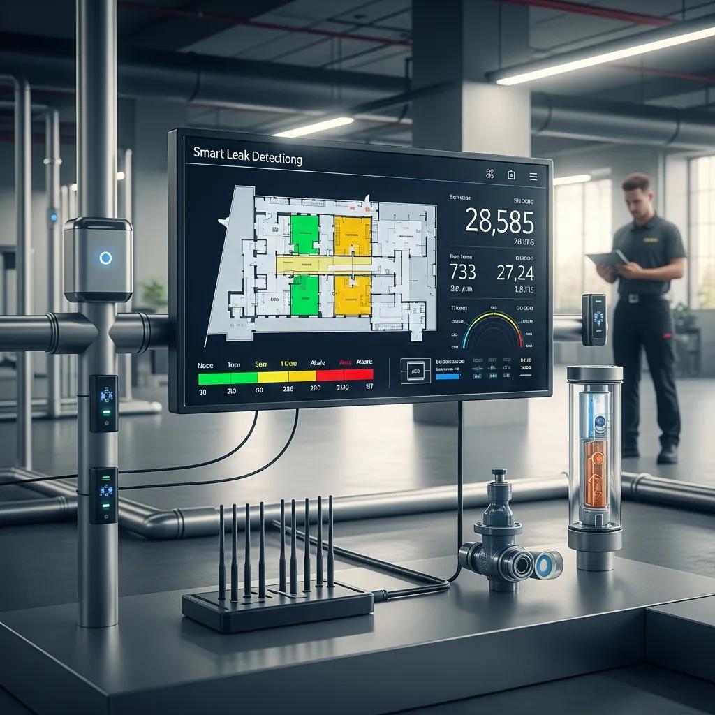 Smart leak detection system with monitoring screen displaying plumbing layout and performance metrics in a commercial setting, featuring sensors and plumbing components, enhancing maintenance efficiency.