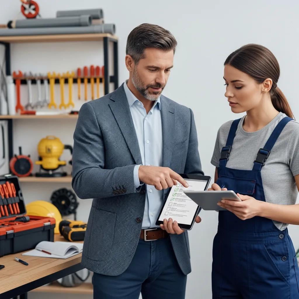 Business owner and plumber discussing preventative plumbing maintenance plans using digital tablets, with tools and equipment in the background, emphasizing cost savings and operational efficiency.