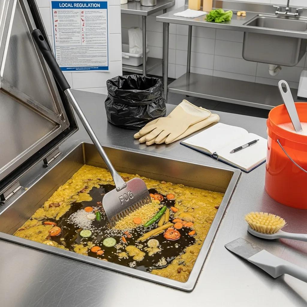 Close-up of a grease trap in a commercial kitchen showing accumulated fats, oils, and grease (FOG) with vegetables and debris, alongside cleaning tools, a notebook, and a local regulation notice on the wall, emphasizing the importance of grease trap maintenance for compliance and plumbing health.
