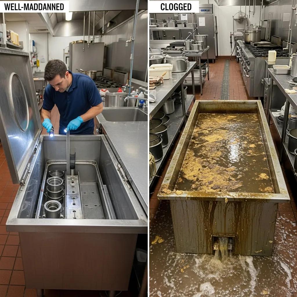 Comparison of a clean grease trap and a clogged grease trap in a commercial kitchen, illustrating proper FOG management and maintenance practices.
