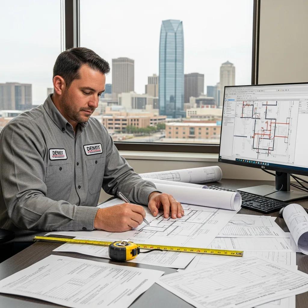 Contractor reviewing plumbing permit documents and plans in an office setting, with a city skyline visible through the window, emphasizing compliance with Oklahoma commercial plumbing codes.