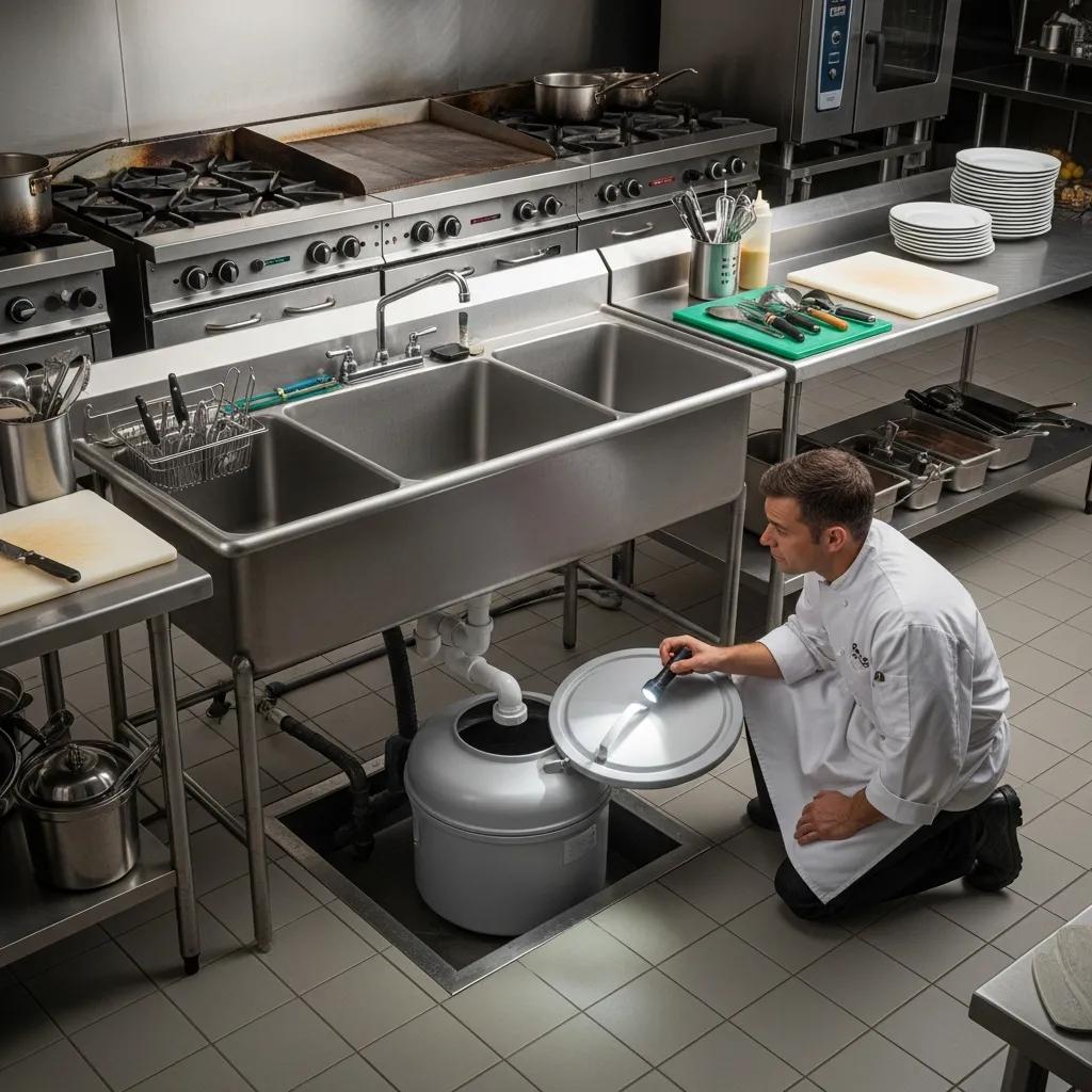 Worker inspecting grease trap installation in a commercial kitchen, highlighting compliance with Oklahoma plumbing regulations for wastewater management.