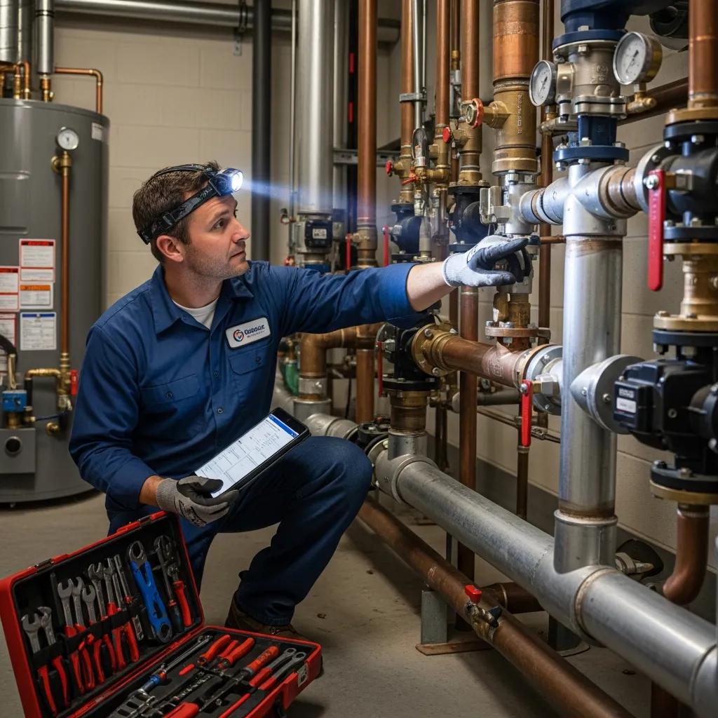 Professional plumber inspecting commercial plumbing systems with tools and clipboard, emphasizing the importance of maintenance for business efficiency.