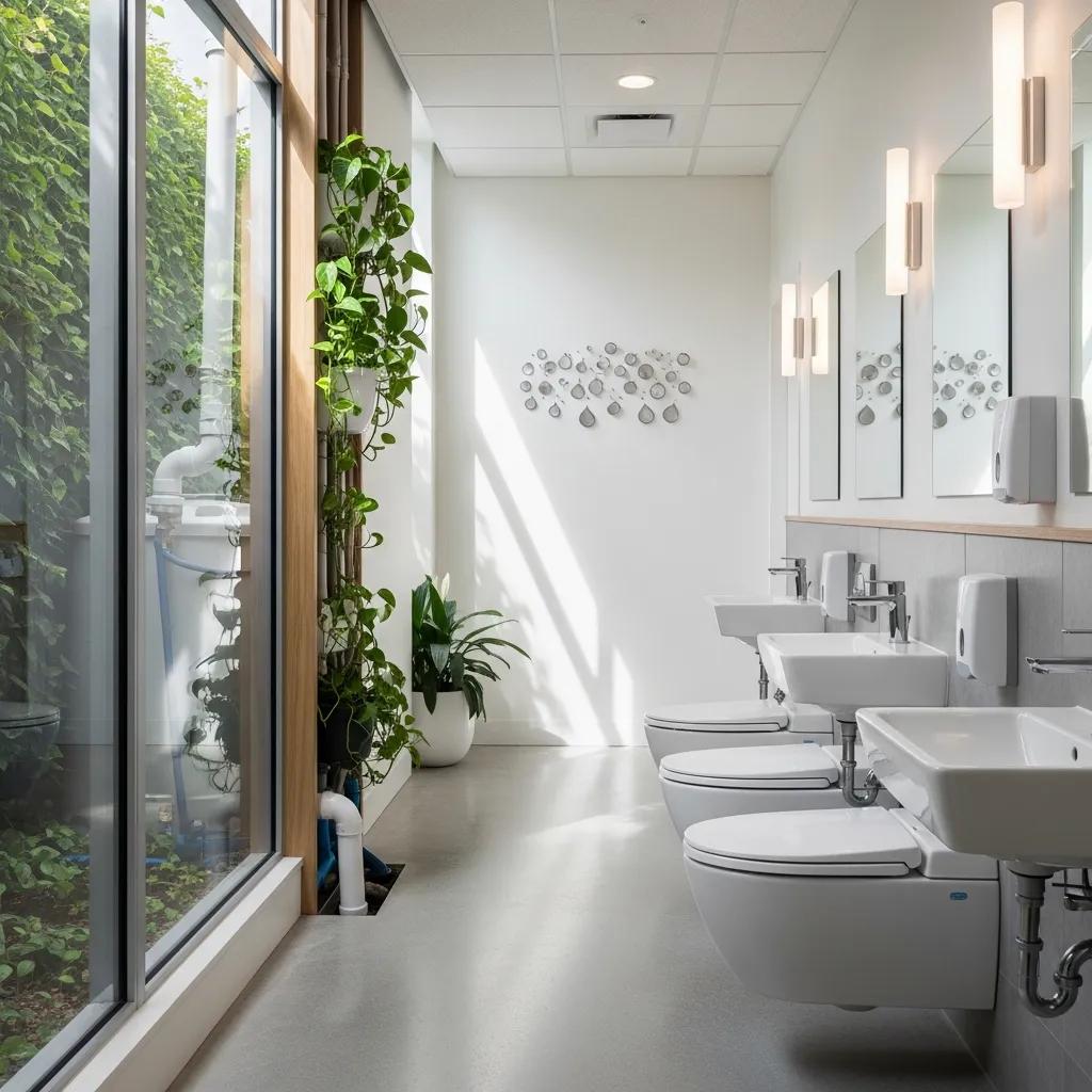 Modern bathroom featuring eco-friendly fixtures, low-flow toilets, and sustainable design elements, emphasizing water conservation and efficiency in commercial properties.