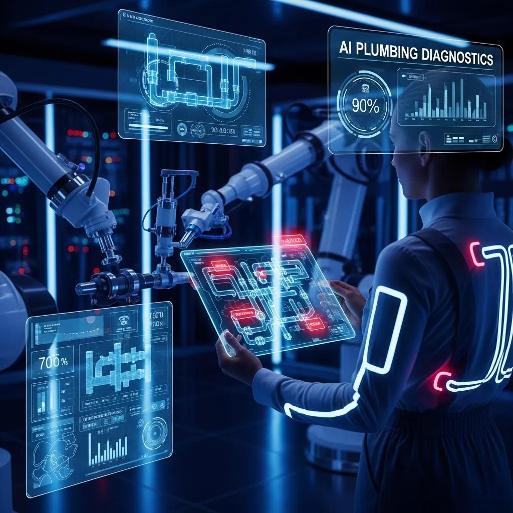 Technician using AI technology for plumbing diagnostics, analyzing data on a digital interface, with robotic arms in a modern, high-tech environment.