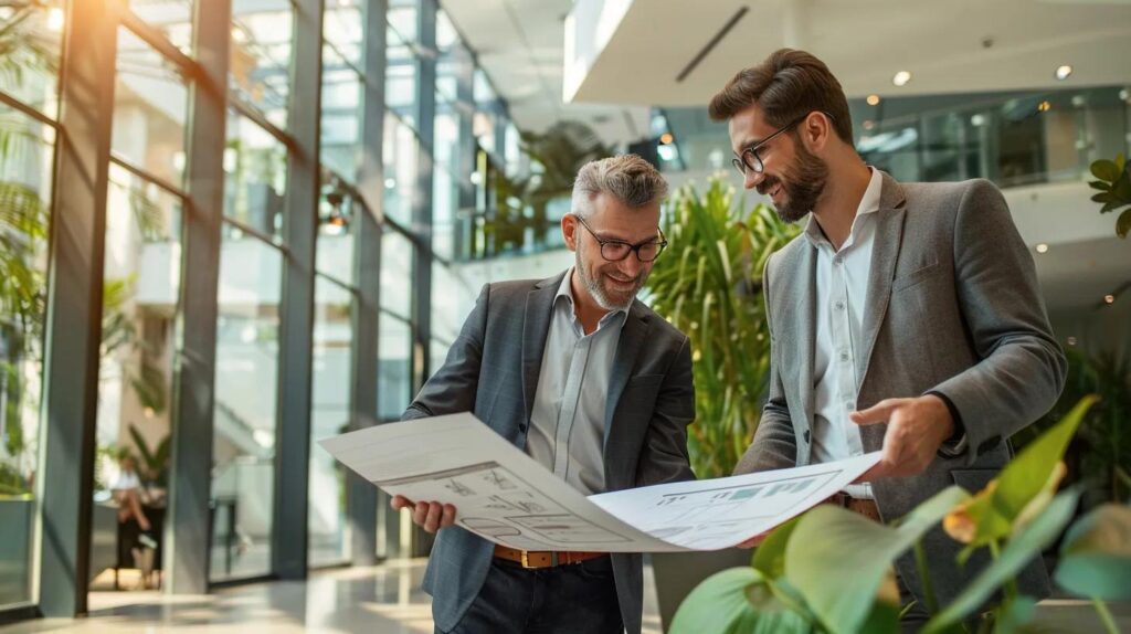 Two professionals discussing plans in a modern office environment, emphasizing collaboration and project management related to commercial plumbing solutions.