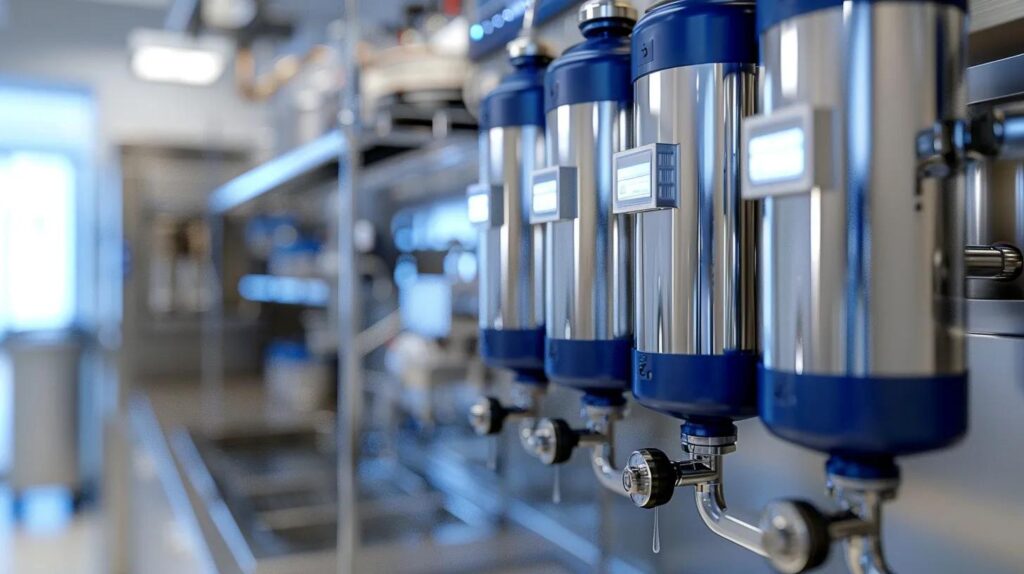 Commercial reverse osmosis water filtration system with stainless steel components, designed for enhancing water quality in commercial settings.