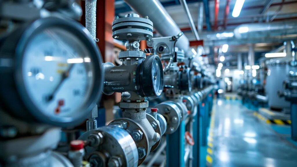 Industrial plumbing system with pressure gauges and valves, showcasing advanced equipment for commercial plumbing services.