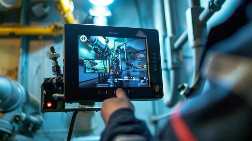 Technician using advanced inspection camera to monitor plumbing systems in a commercial setting, highlighting emergency plumbing services and technology.