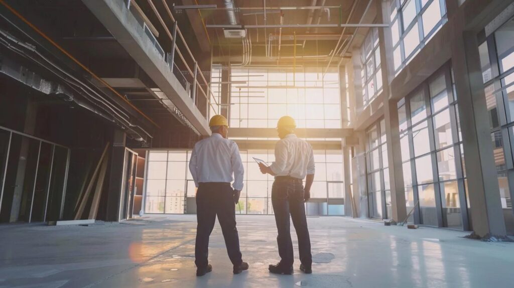 Two commercial plumbing contractors in hard hats discussing plans in a spacious, modern construction site with large windows, emphasizing the importance of professional plumbing services for businesses.