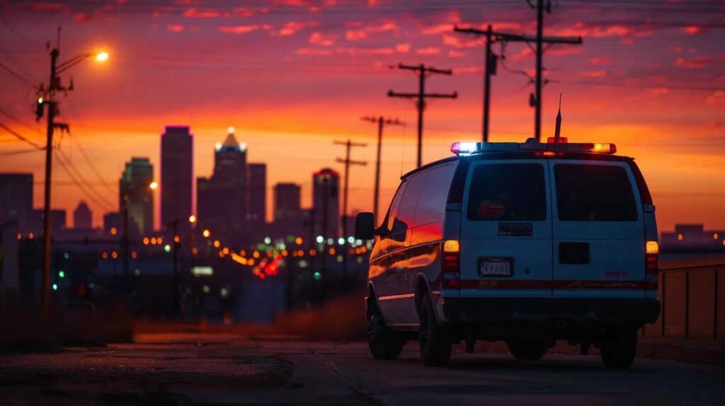 Emergency plumbing van parked against a vibrant sunset skyline, highlighting the importance of quick response for commercial plumbing services in Oklahoma City.