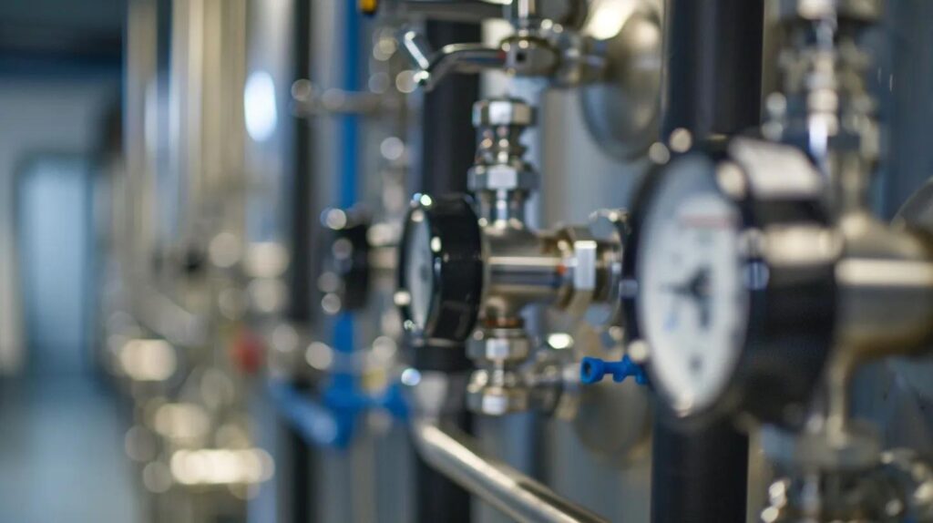 Commercial reverse osmosis system components, showcasing valves and pressure gauges in a brewery setting, emphasizing water treatment technology for quality assurance.