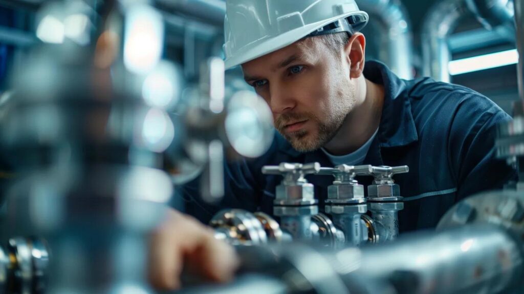 Plumber inspecting commercial plumbing system with valves and pipes, emphasizing quality plumbing services for businesses in Oklahoma City.