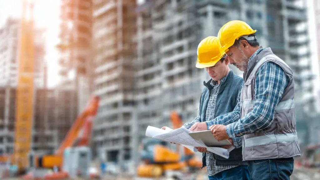 Construction workers in hard hats reviewing blueprints on a building site, emphasizing commercial plumbing installation and maintenance.