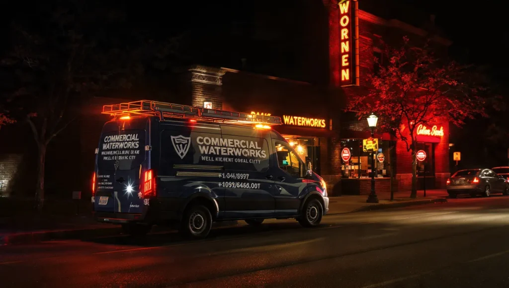 Commercial Waterworks service van parked at night outside a restaurant, showcasing emergency plumbing services in Oklahoma City.