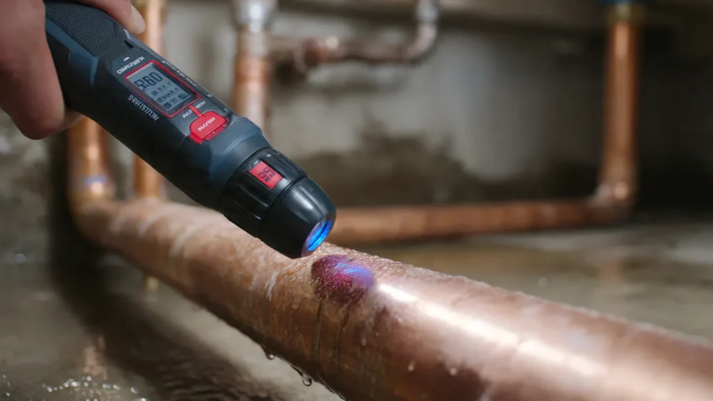 Hand holding a digital pipe inspection tool over a copper pipe, highlighting a potential leak, illustrating advanced commercial plumbing diagnostics for Oklahoma City businesses.