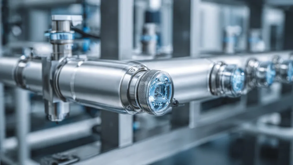 Commercial plumbing system with stainless steel pipes and pressure gauges, illustrating advanced water treatment solutions for businesses.