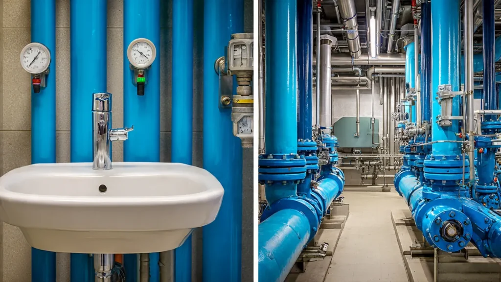 Commercial plumbing infrastructure featuring blue pipes, gauges, and a sink, illustrating high-volume plumbing systems for Oklahoma City businesses.