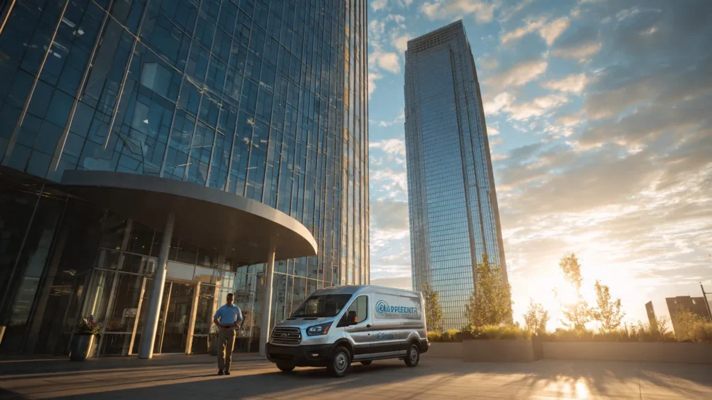 Commercial Waterworks service van parked outside a modern glass building in Oklahoma City, with a technician preparing for plumbing services at sunset.