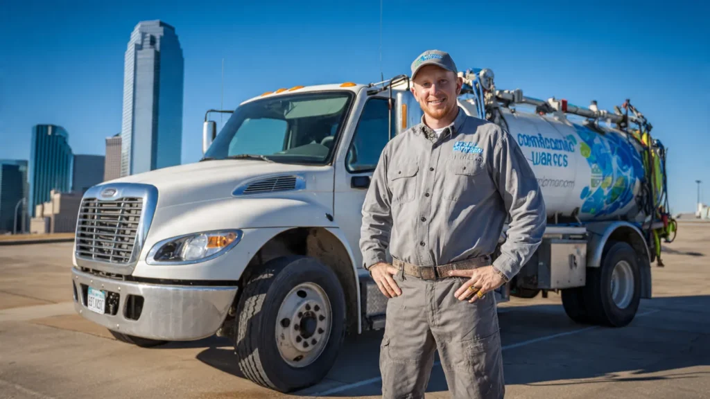 Man in gray uniform standing confidently next to commercial plumbing service truck with "Commercial Waterworks" branding, Oklahoma City skyline in background, emphasizing reliable plumbing solutions for businesses.