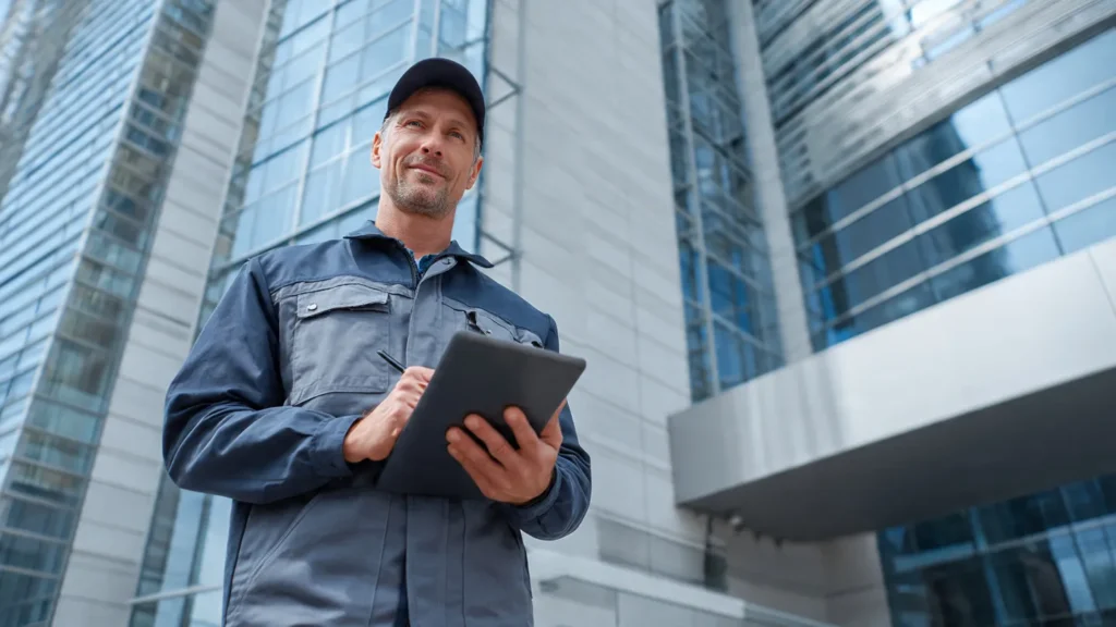 Commercial plumbing technician holding a tablet outside a modern commercial building, emphasizing the importance of plumbing services for facility management in Oklahoma City.