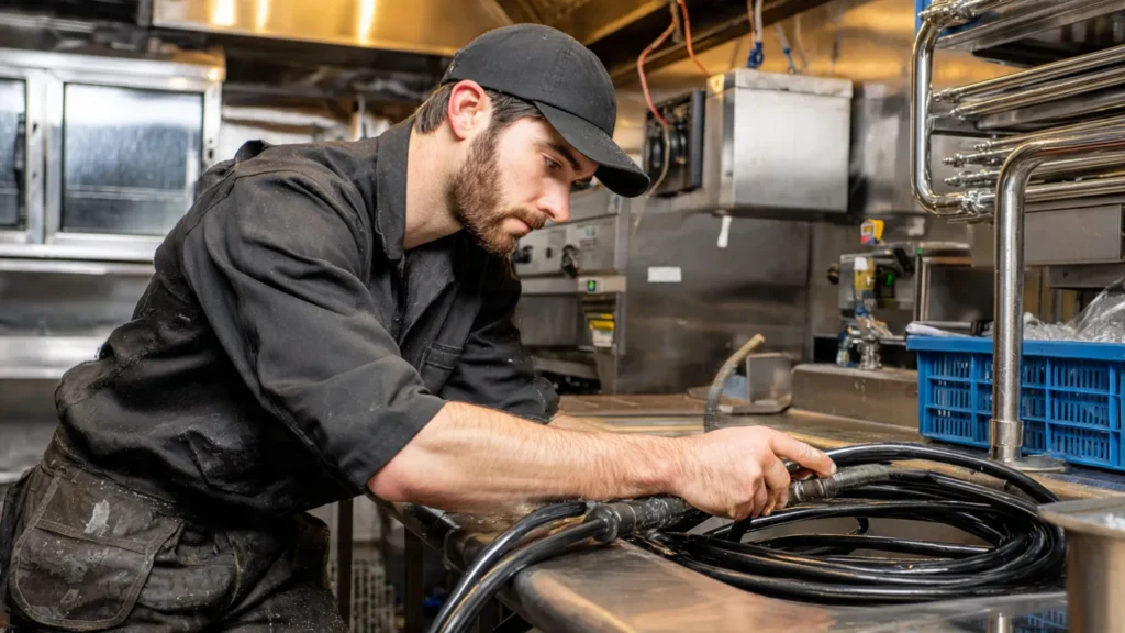 Plumber inspecting and maintaining grease trap system in commercial kitchen environment.
