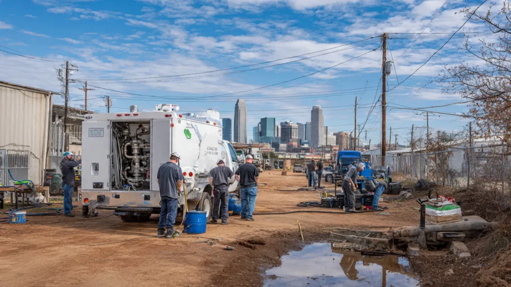 Commercial plumbing team working on a service vehicle in an urban setting, with city skyline in the background, emphasizing water treatment and repair solutions.