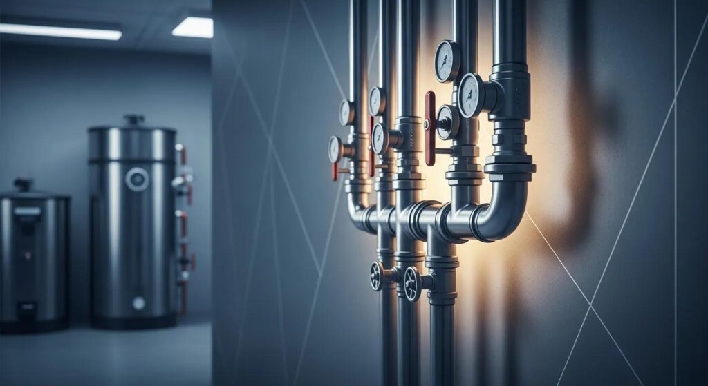 Commercial plumbing pipes and gauges on a wall, showcasing plumbing infrastructure relevant to business needs in Nichols Hills, Oklahoma.