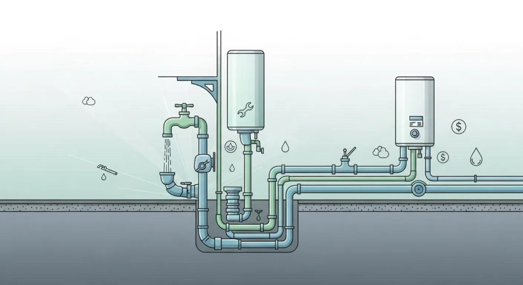 Illustration of plumbing system with pipes, valves, and water heater, symbolizing commercial plumbing costs and maintenance.