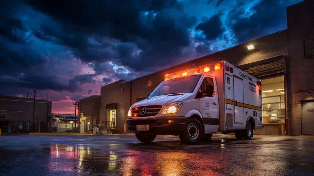 Emergency ambulance parked outside a commercial building under dramatic skies, illuminated by its flashing lights, reflecting on wet pavement.
