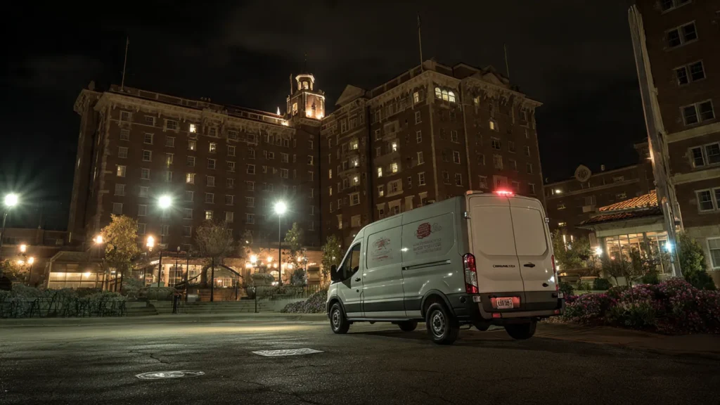 Emergency plumbing service van parked outside a hotel at night, highlighting the importance of prompt commercial plumbing solutions for businesses in Oklahoma City.