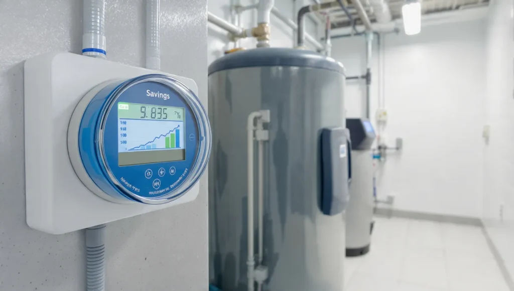 Digital water savings monitor displaying usage data in a commercial plumbing setting with water treatment equipment in the background.