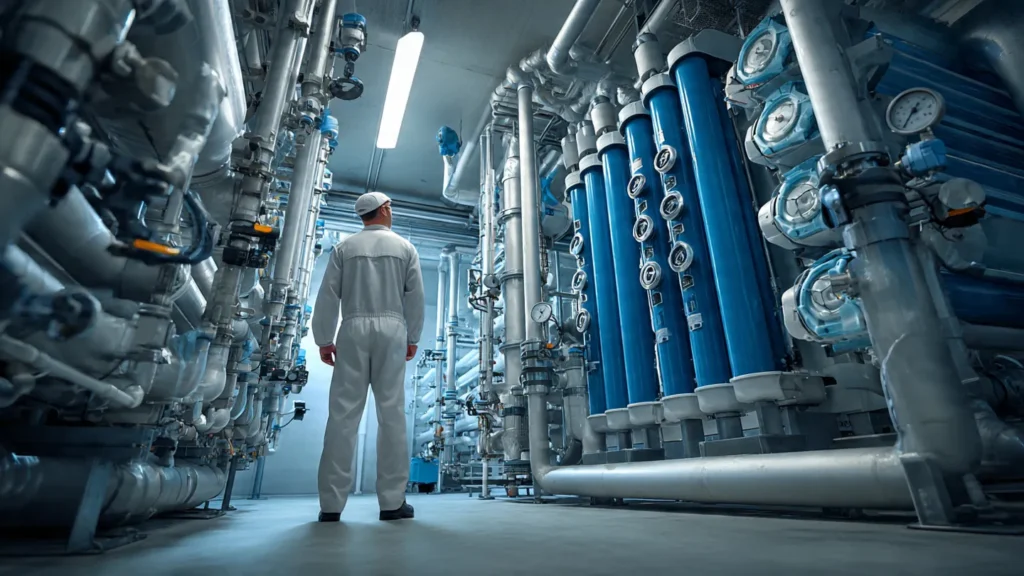 Technician in white uniform examining commercial water treatment system with blue filtration tanks and pipes, highlighting plumbing solutions for Oklahoma City enterprises.