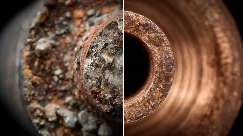 Close-up comparison of corroded and clean plumbing pipes, illustrating the impact of hard water on infrastructure and the importance of commercial plumbing services in Oklahoma City.