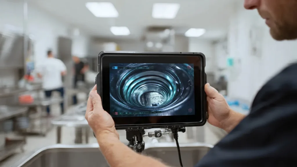 Technician using a tablet to inspect a commercial plumbing line, showcasing advanced plumbing diagnostics in a kitchen environment.